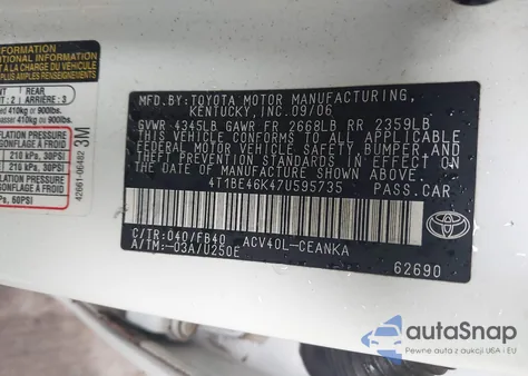 2007 Toyota Camry Le z USA, uszkodzony, nr VIN 4T1BE46K47U595735